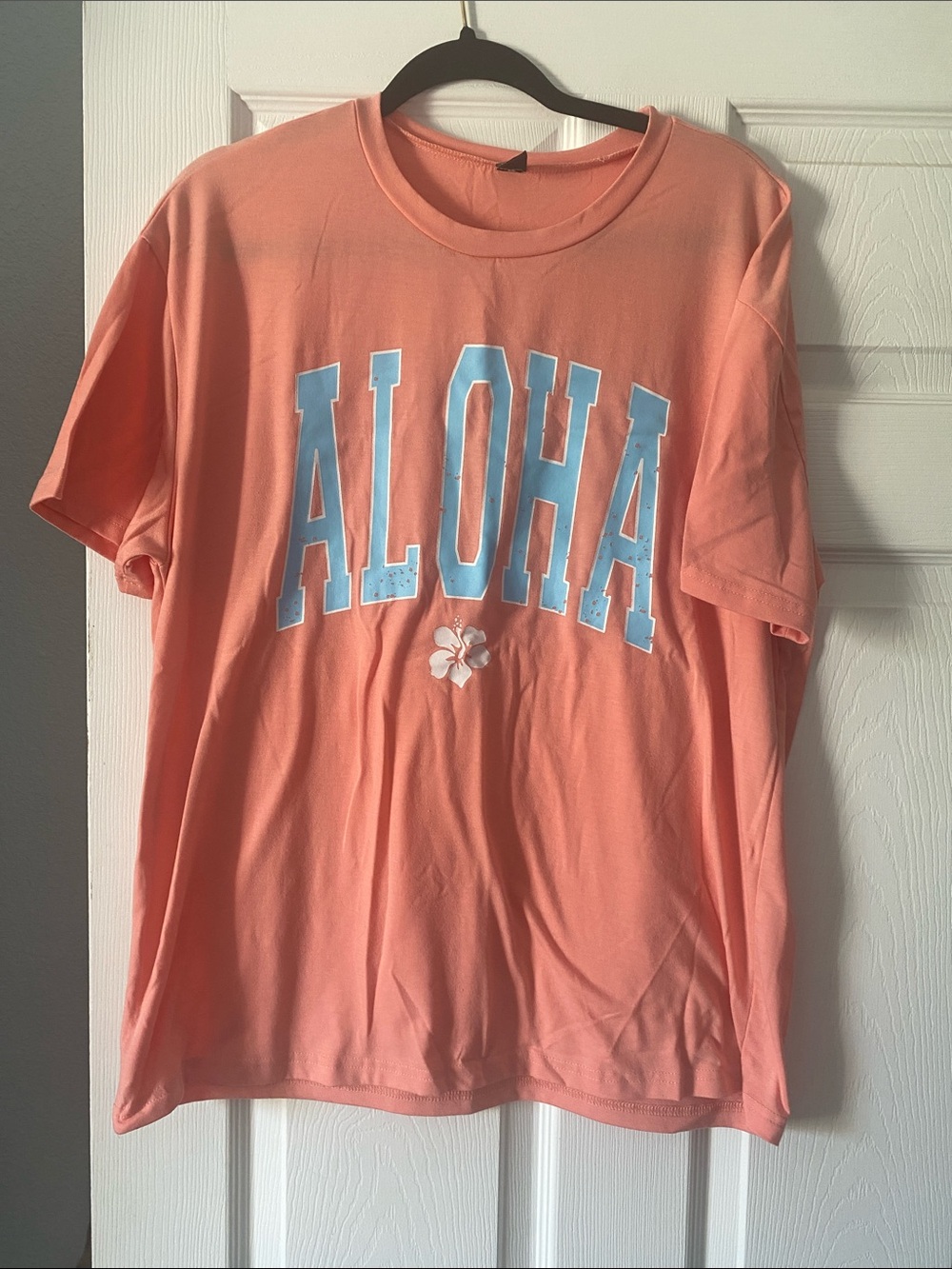 SHEIN Coral Pink 'ALOHA' Graphic Tee with Sky Blue Letters